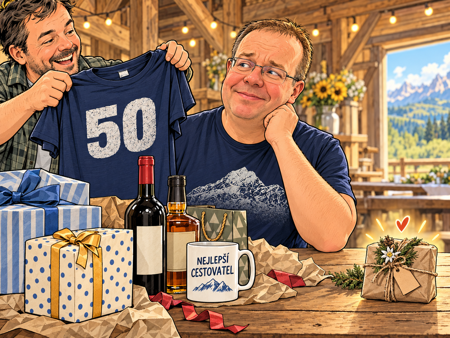 Pulec se zdvořile usmívá nad tričkem s číslem 50, hrnkem pro nejlepšího cestovatele a lahvemi alkoholu