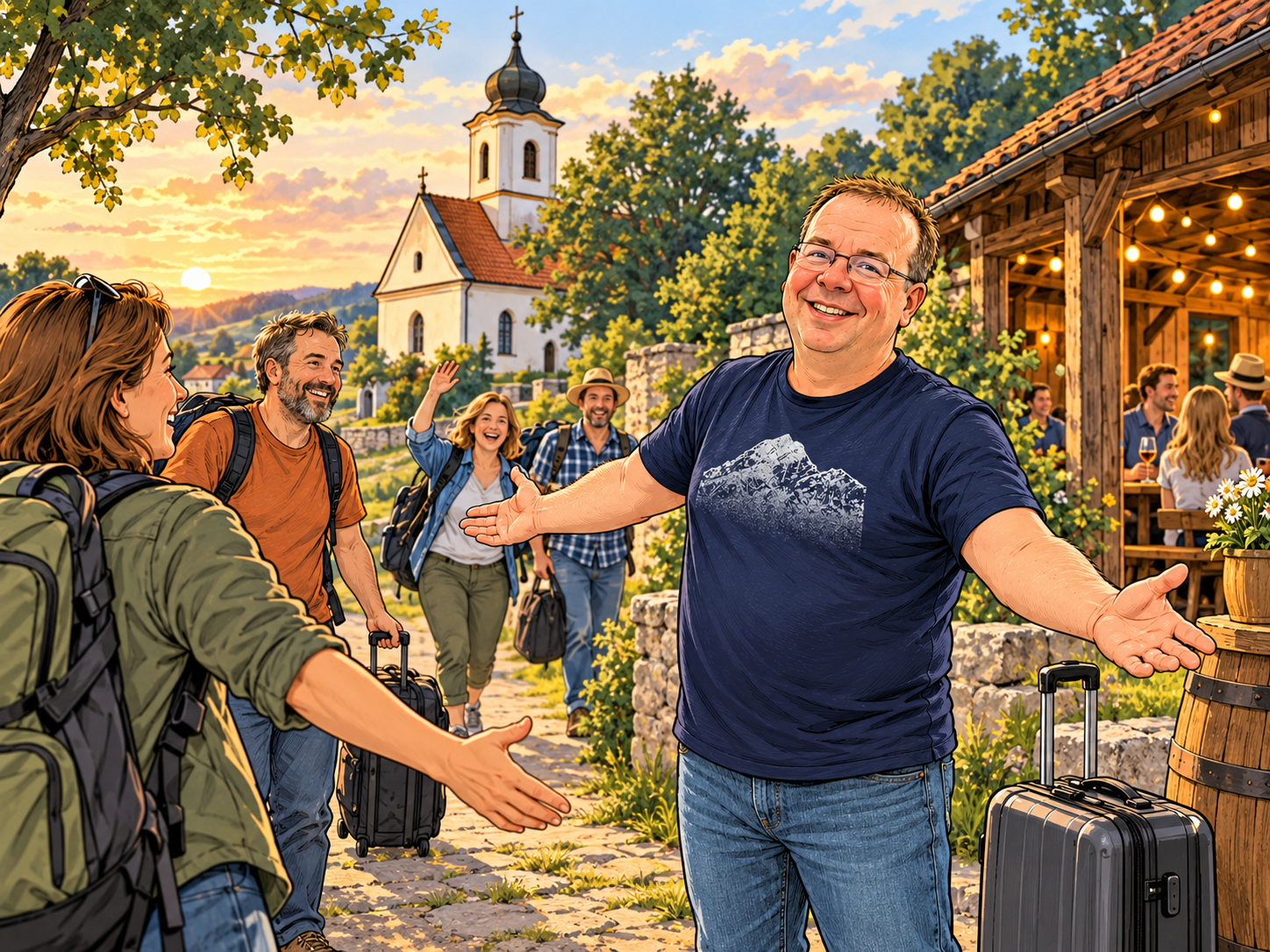 Komiksový Pulec vítá přicházející kamarády mezi kostelem a stodolou